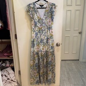 Aakaa Floral Ruffle Sleeve Maxi Dress - Blue, Green, Cream